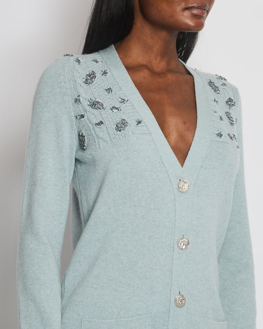 Chanel Dove Grey 16/A Paris Rome Embellished Cardigan Size FR 36 (UK 8)