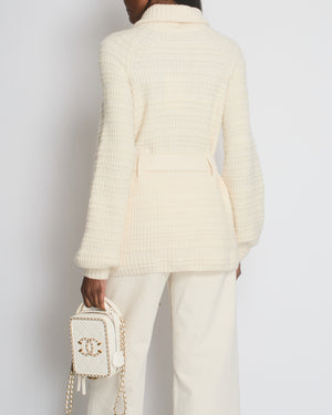 Chanel Cream Knitted Long Line Belted Cardigan with Zip Detail Size FR 38 (UK 10)