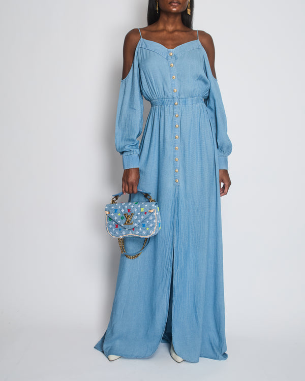 Balmain Blue Off-Shoulder Mid Sleeve Maxi Dress with Gold Button Detail Tie FR 38 (UK 10)