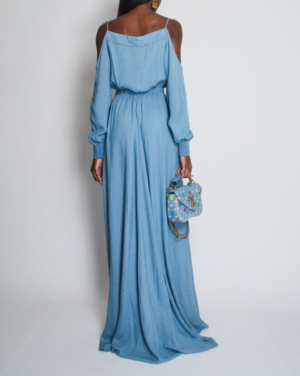 Balmain Blue Off-Shoulder Mid Sleeve Maxi Dress with Gold Button Detail Tie FR 38 (UK 10)