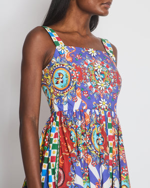 Dolce & Gabbana Blue Sicilian Print Strap Midi Dress with Embellished Button Detail Size IT 42 (UK 10)