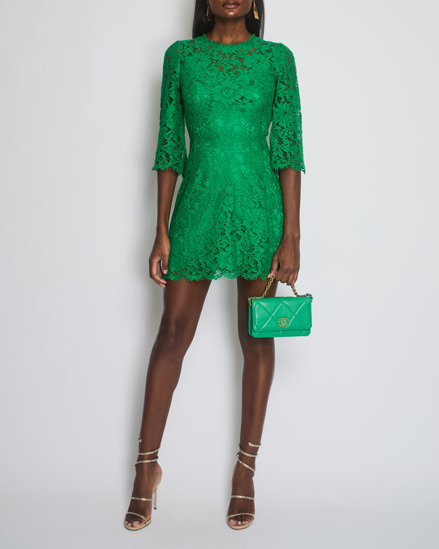 Dolce & Gabbana Green Lace Mid Sleeve Midi Dress Size IT 40 (UK 8)