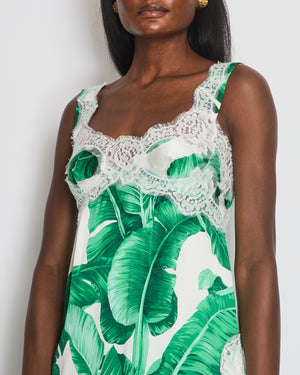 Dolce & Gabbana Green Leaf Print Mini Dress with Lace Trim Detail Size IT 40 (UK 8)