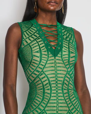 Balmain Green Pattered Sleeveless Mesh Sheath Dress Size FR 36 (UK 8)