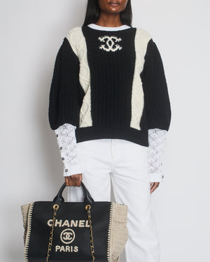 Chanel 21A Black & White Crewneck Knit Jumper with CC Logo and Crochet Sleeve Details Size FR 44 (UK 16)