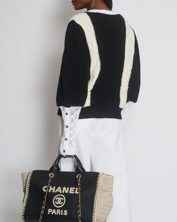 Chanel 21A Black & White Crewneck Knit Jumper with CC Logo and Crochet Sleeve Details Size FR 44 (UK 16)