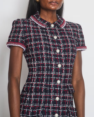 Chanel 20S Navy & Red Tweed Short Sleeve Mini Dress With Silver Button Detail Size FR 34 (UK 6)