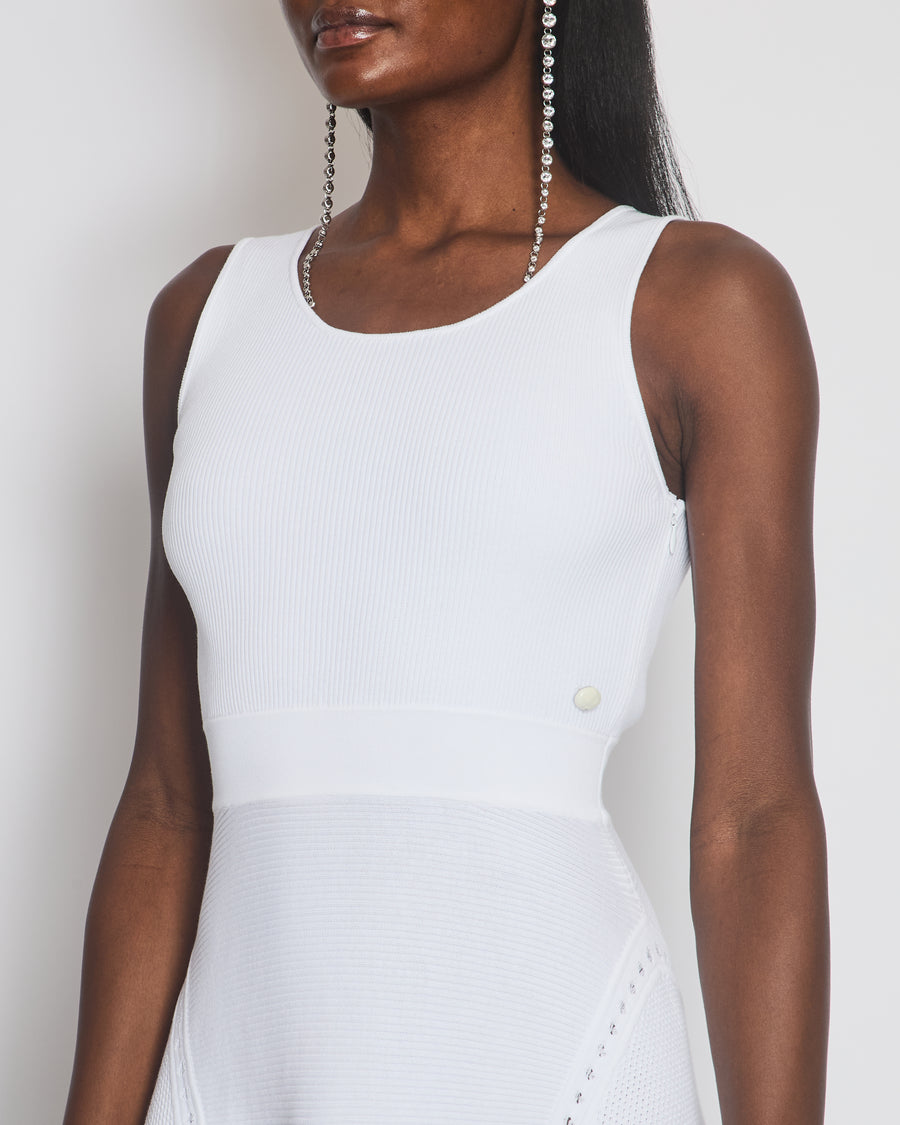 Chanel White Sleeveless Ribbed Skater Dress with CC Logo Button Size FR 38 (UK 10)