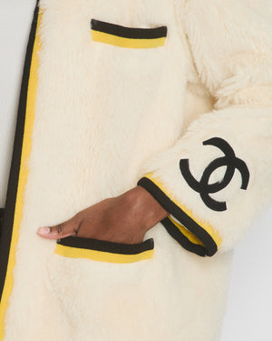 *SUPER RARE* Chanel 94A White Alpaca Varsity Jacket with Black & Yellow Trim and CC Logo Detail Size FR 40 (UK 12)