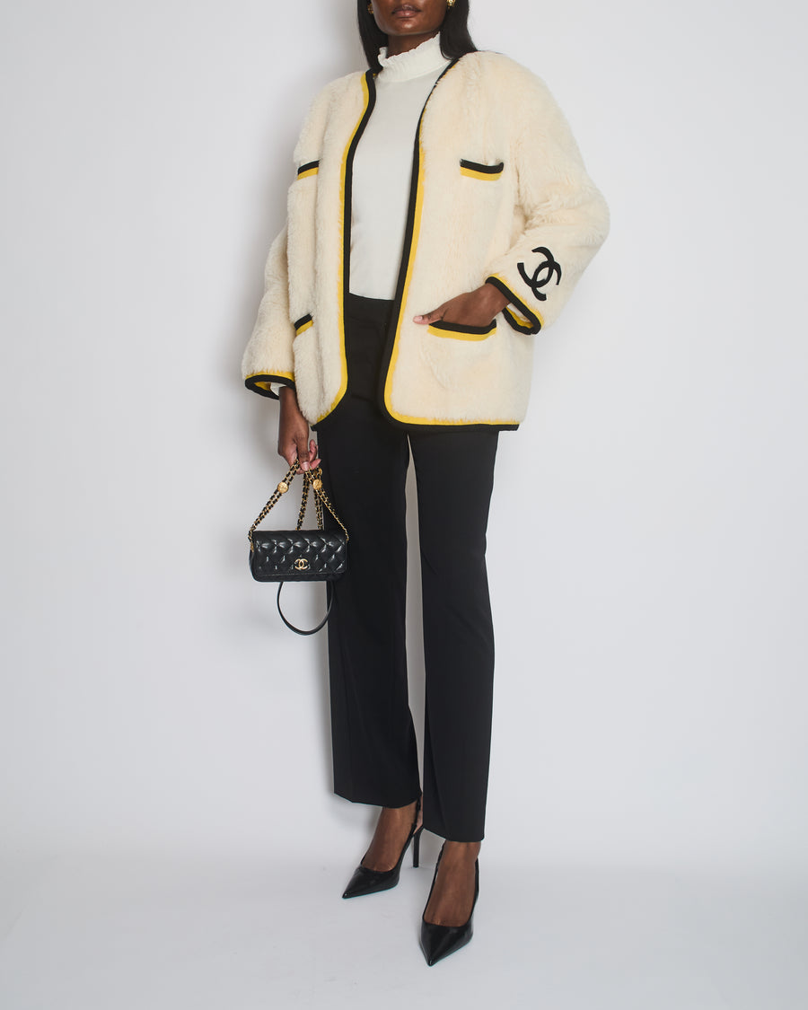 *SUPER RARE* Chanel 94A White Alpaca Varsity Jacket with Black & Yellow Trim and CC Logo Detail Size FR 40 (UK 12)