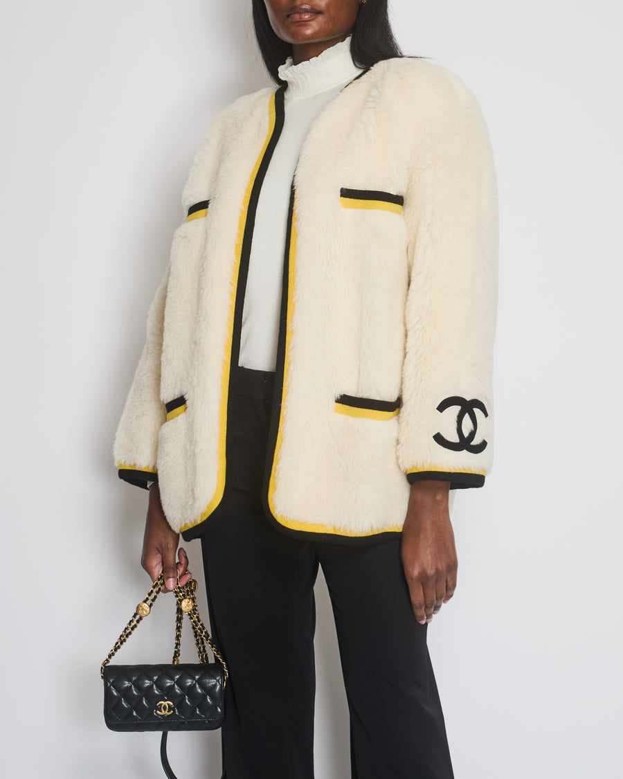 *SUPER RARE* Chanel 94A White Alpaca Varsity Jacket with Black & Yellow Trim and CC Logo Detail Size FR 40 (UK 12)