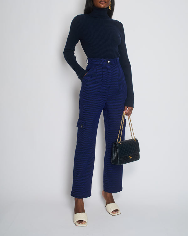 Chanel Blue and Navy Wool Knit Trousers with Side Pockets and Gold Embroidered CC Logo Detail Size FR 36 (UK 8)