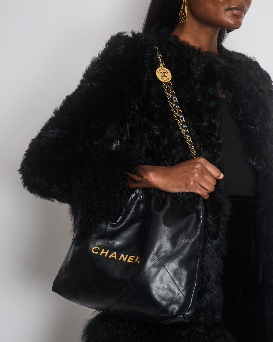 Chanel 22 Small Hobo Bag in Black Shiny Calfskin with Brushed Gold Hardware