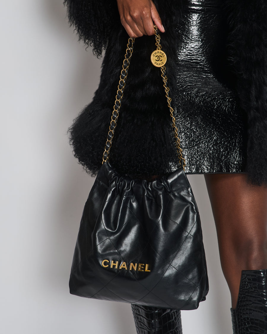 Chanel 22 Small Hobo Bag in Black Shiny Calfskin with Brushed Gold Hardware