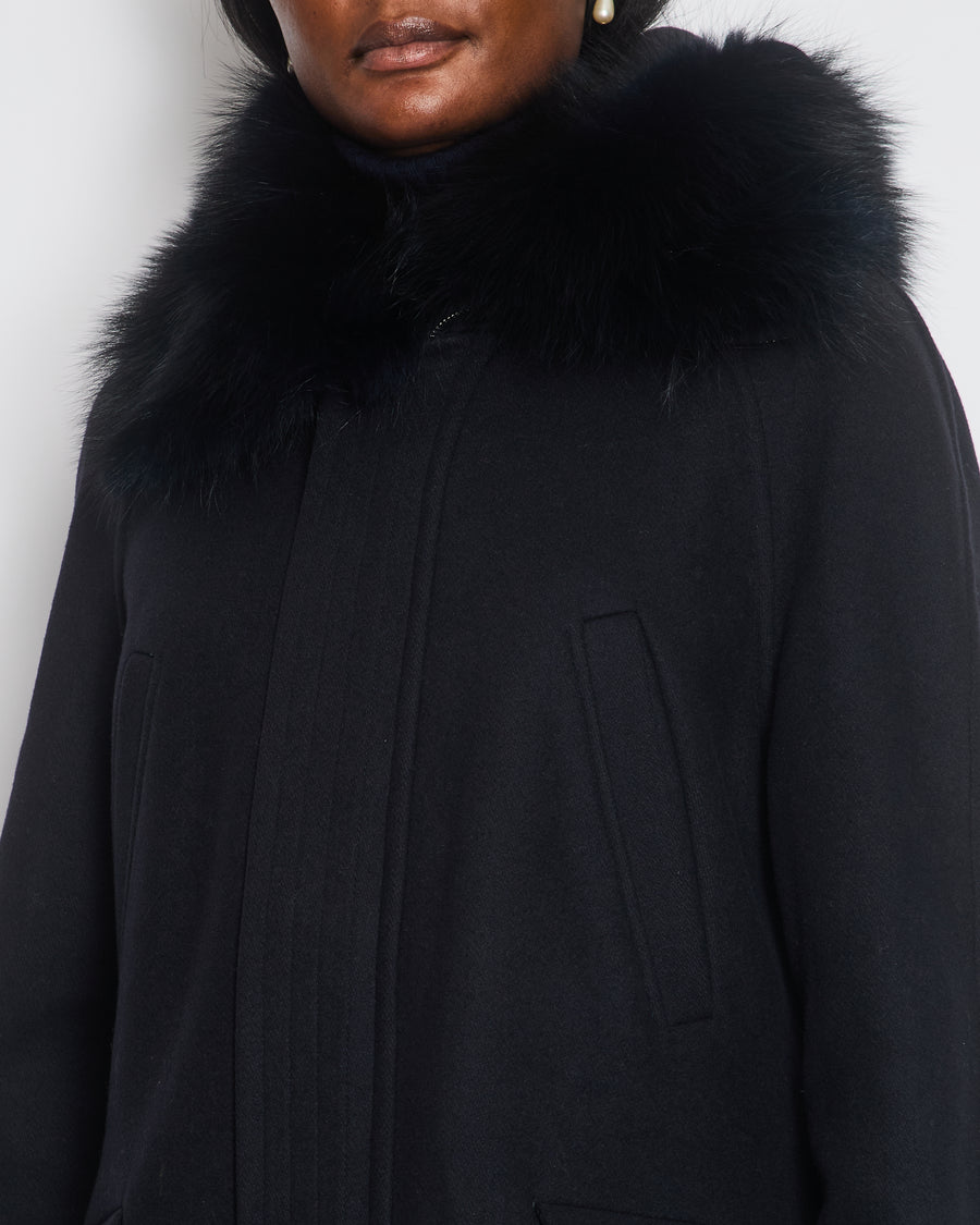 Ermanno Scervino Navy Wool Single-Breasted Coat with Fox Hood Detail Size IT 42 (UK 10)