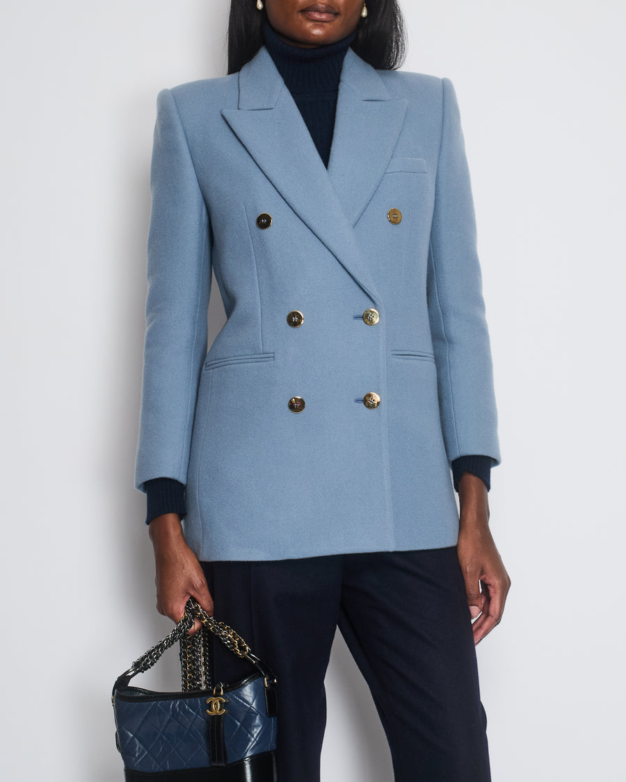 Saint Laurent Pastel Blue Double-Breasted Wool Blazer Jacket with Lapel Detail Size FR 40 (UK 12)