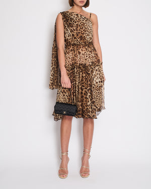 Dolce & Gabbana Brown Silk Leopard Asymmetric Tiered Midi Dress Size IT 44 (UK 12)