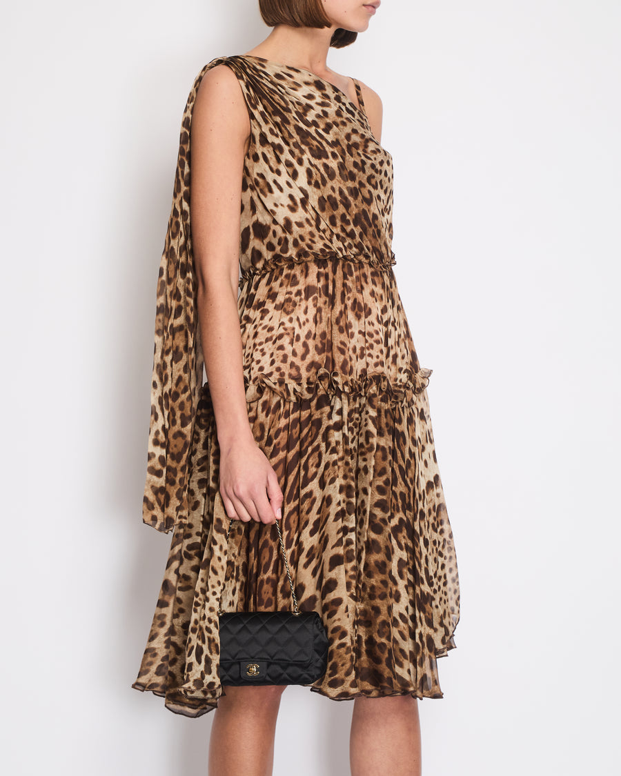 Dolce & Gabbana Brown Silk Leopard Asymmetric Tiered Midi Dress Size IT 44 (UK 12)