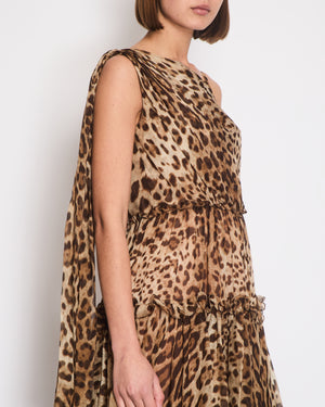 Dolce & Gabbana Brown Silk Leopard Asymmetric Tiered Midi Dress Size IT 44 (UK 12)