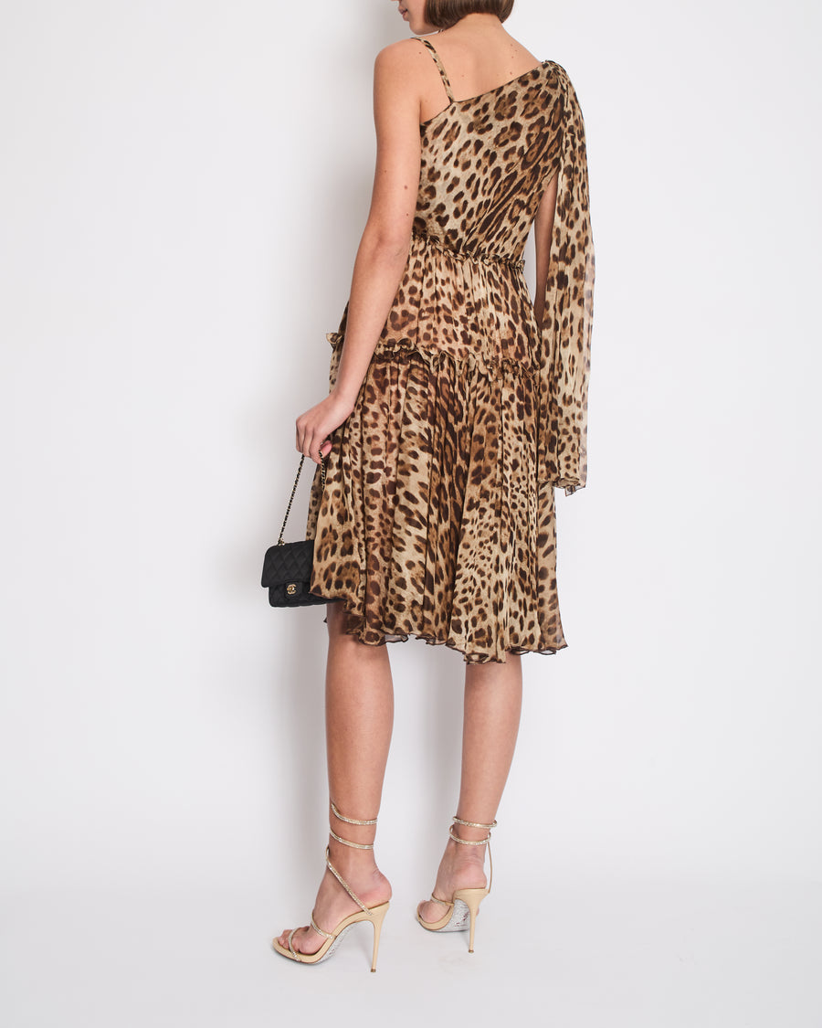 Dolce & Gabbana Brown Silk Leopard Asymmetric Tiered Midi Dress Size IT 44 (UK 12)