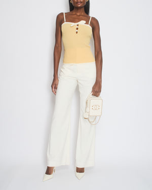 Chanel Pastel Yellow Fine Knit Vest Top with Cream Trim, Bow and Crystal CC Detail FR 38 (UK 10)