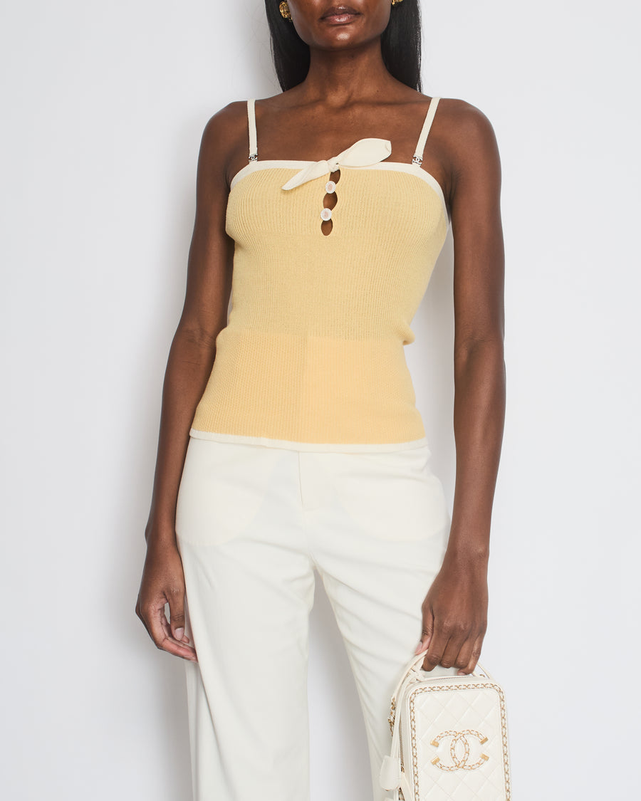 Chanel Pastel Yellow Fine Knit Vest Top with Cream Trim, Bow and Crystal CC Detail FR 38 (UK 10)