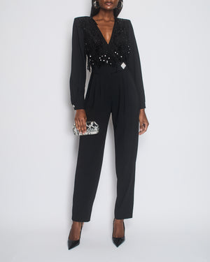 Alessandra Rich Black Long-Sleeve Jumpsuit With Shoulder Pads And Lace & Sequin Floral Details Size FR 38 (UK 10)