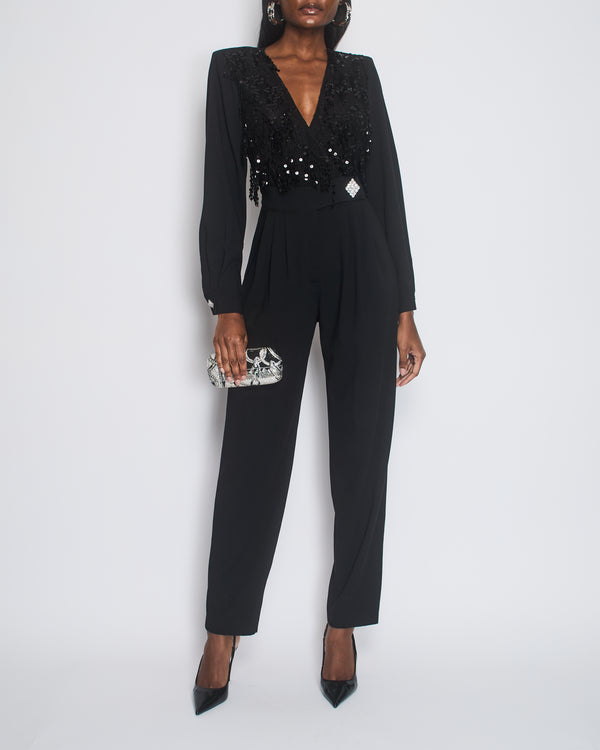 Alessandra Rich Black Long-Sleeve Jumpsuit With Shoulder Pads And Lace & Sequin Floral Details Size FR 38 (UK 10)