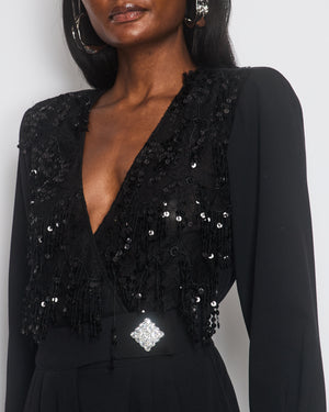 Alessandra Rich Black Long-Sleeve Jumpsuit With Shoulder Pads And Lace & Sequin Floral Details Size FR 38 (UK 10)