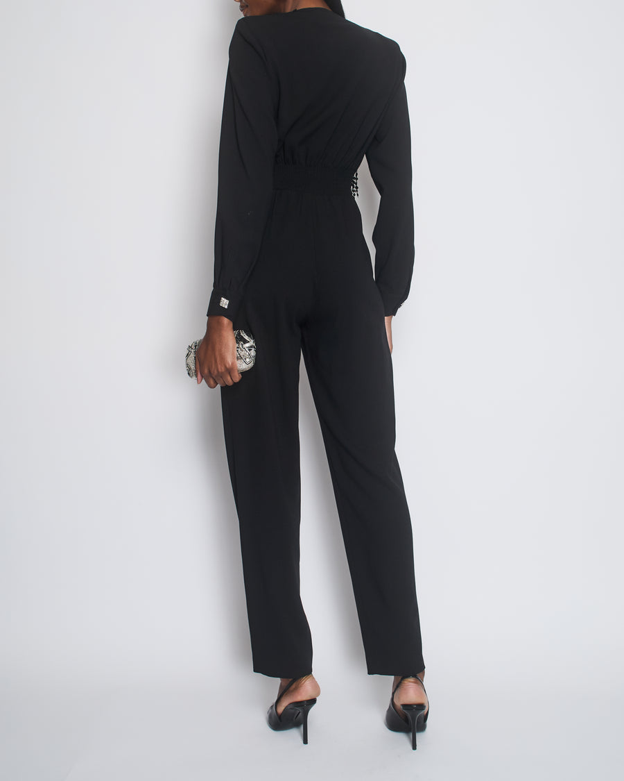 Alessandra Rich Black Long-Sleeve Jumpsuit With Shoulder Pads And Lace & Sequin Floral Details Size FR 38 (UK 10)