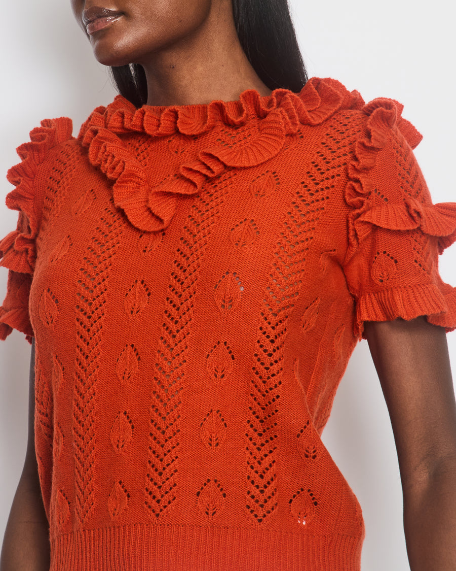 Gucci Burnt Orange Round-Neck Short Sleeve Knit Top With Ruffle Detail Size Medium (UK 10)