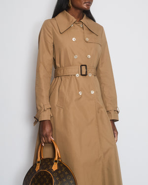 Gucci Camel Long Trench Coat With Silk Printed Interior Detail Size IT 40 (UK 8)