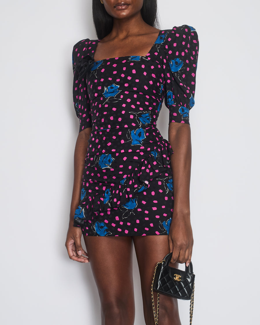 Alessandra Rich Black, Blue and Pink Polka Dot and Rose Printed Silk Mini Dress Size IT 36 (UK 4)