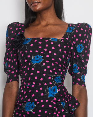 Alessandra Rich Black, Blue and Pink Polka Dot and Rose Printed Silk Mini Dress Size IT 36 (UK 4)