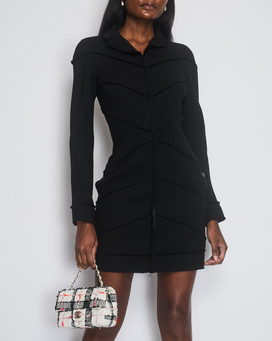 Chanel Black Long Sleeve Mini Dress With Frayed Details & Crystal Buttons Size FR 36 (UK 8)