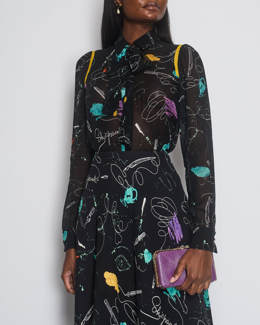 Schiaparelli Black Heart Print Silk Shirt with Matching Skirt Set Size FR 36 (UK 8)