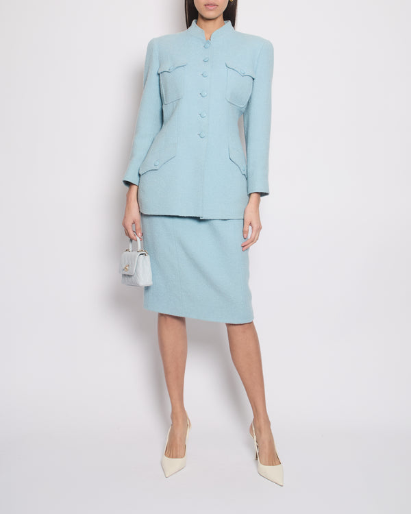 Chanel 96C Baby Blue Long Tweed Jacket with CC Button Details Size FR 44 (UK 16)