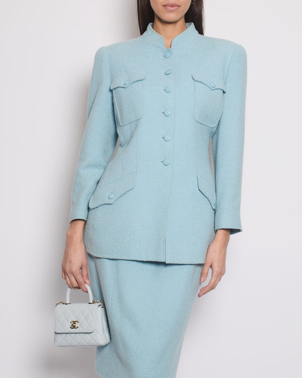 Chanel 96C Baby Blue Long Tweed Jacket with CC Button Details Size FR 44 (UK 16)