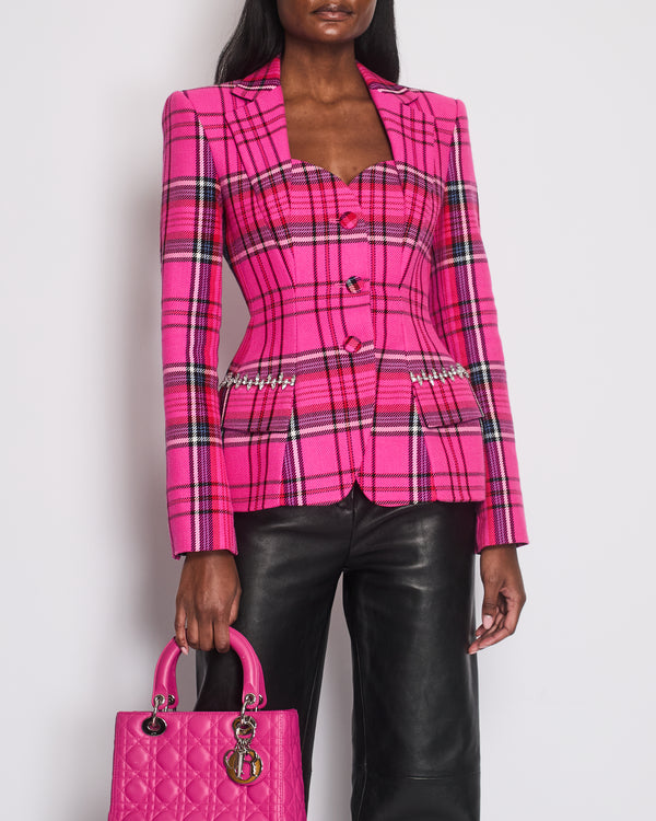 Area Hot Pink & Black Checked Blazer with Cut-Out Detail & Crystals Embellishments Size US 6 (UK 10)