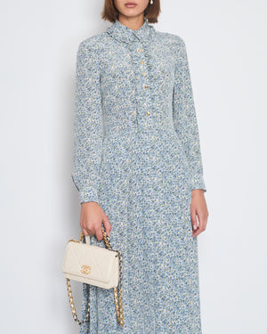 Céline Blue Floral Silk Midi Dress with Gold Logo Buttons Detailing Size FR 34 (UK 6)