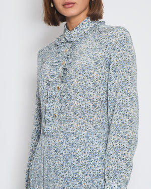 Céline Blue Floral Silk Midi Dress with Gold Logo Buttons Detailing Size FR 34 (UK 6)