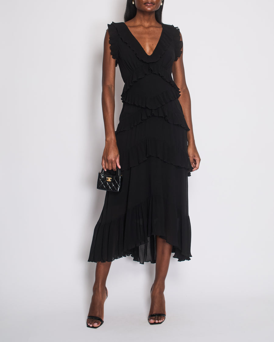 Zimmermann Black V-Neck Tiered Micro Pleated Midi Dress Size 1 (UK 10)