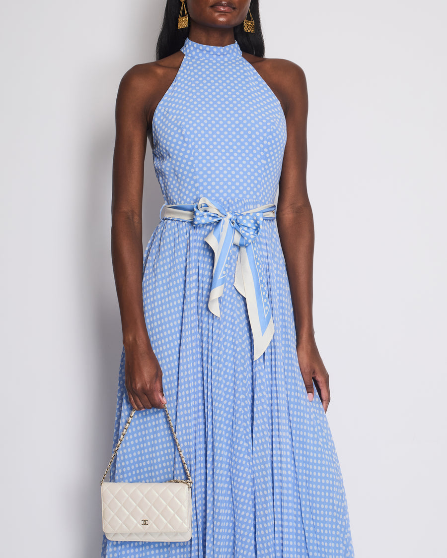 Zimmermann Blue Polka Dot Halter Neck Midi Dress with Pleated Detail Size 1 (UK 10)