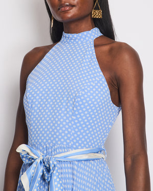 Zimmermann Blue Polka Dot Halter Neck Midi Dress with Pleated Detail Size 1 (UK 10)