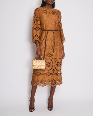 Zimmermann Brown Flared Sleeve Crochet Midi Dress with Leather Belt Detail Size 0 (UK 8)