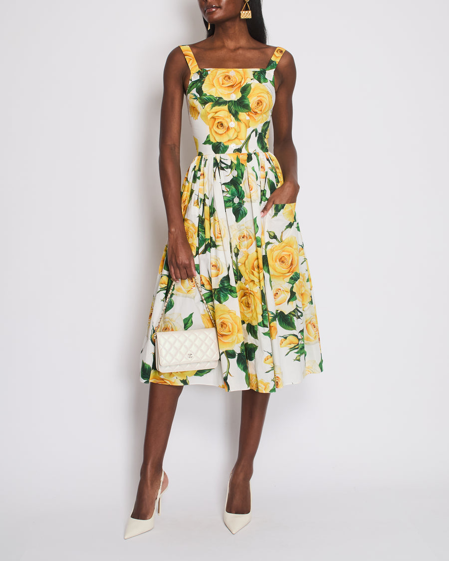 Dolce & Gabbana Yellow Rose Midi Print Strap Dress with Button and Pockets Detail Size IT 38 (UK 6)