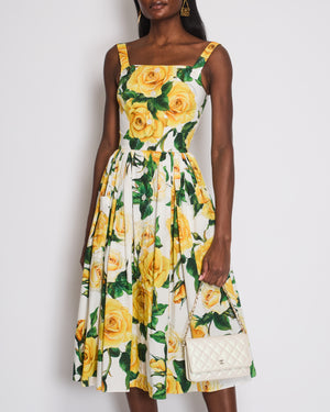 Dolce & Gabbana Yellow Rose Midi Print Strap Dress with Button and Pockets Detail Size IT 38 (UK 6)