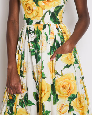 Dolce & Gabbana Yellow Rose Midi Print Strap Dress with Button and Pockets Detail Size IT 38 (UK 6)