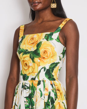 Dolce & Gabbana Yellow Rose Midi Print Strap Dress with Button and Pockets Detail Size IT 38 (UK 6)