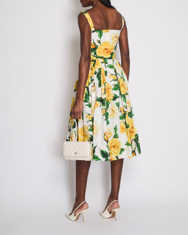 Dolce & Gabbana Yellow Rose Midi Print Strap Dress with Button and Pockets Detail Size IT 38 (UK 6)